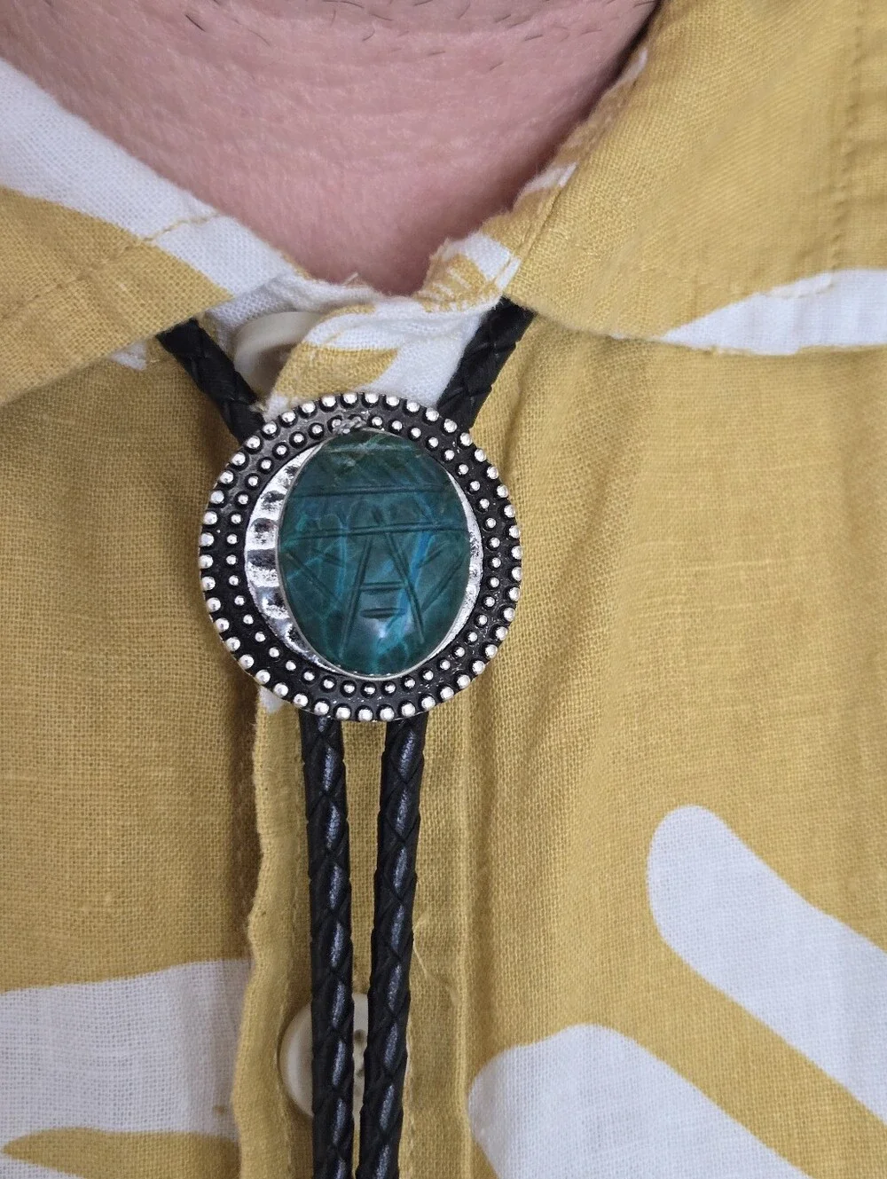 Silver Chrysocolla Scarab Western Bolo Tie Leather Braid Rockstar 70s Aesthetic